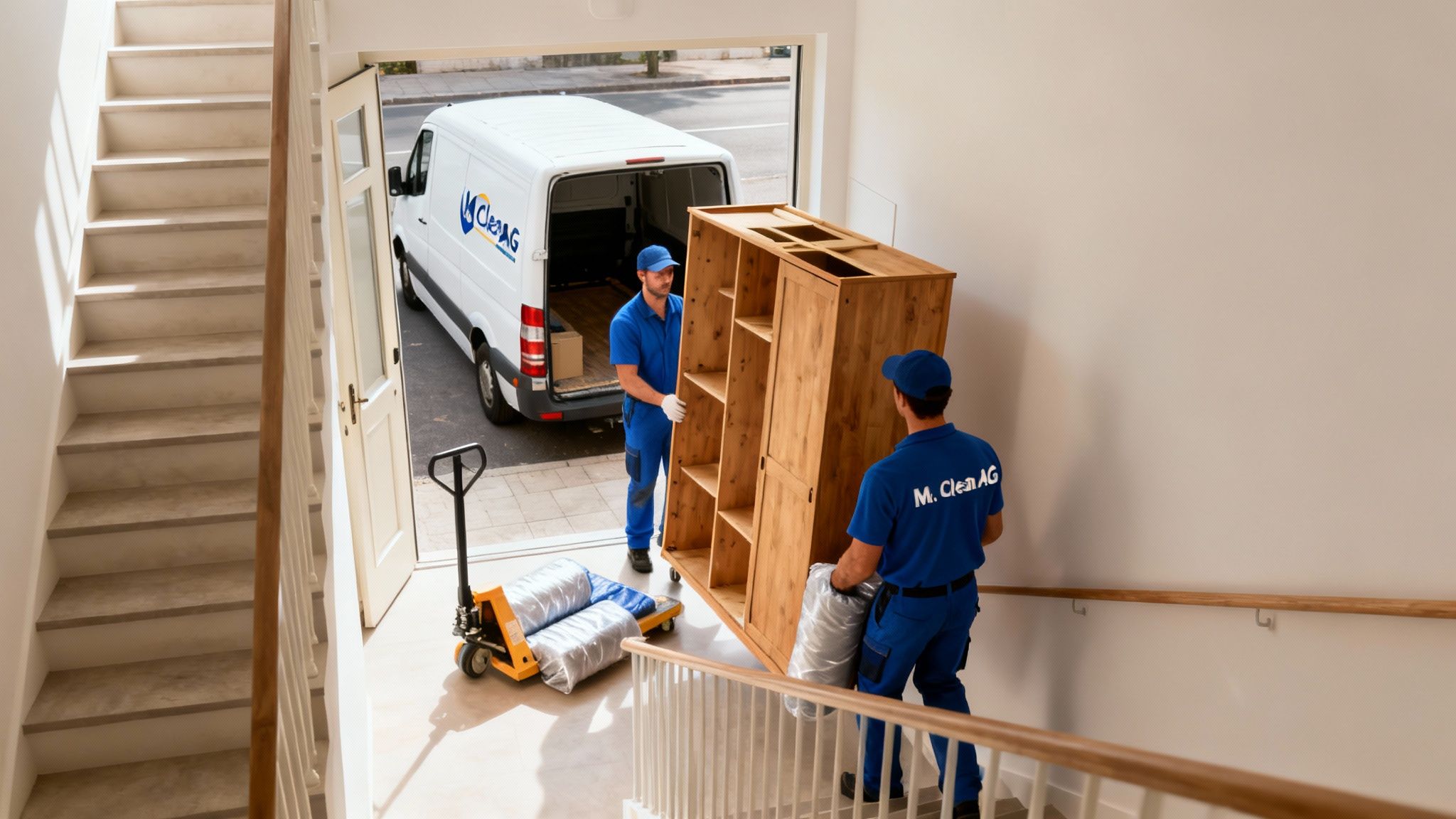 Zwei Umzugshelfer in blauen Overalls tragen ein großes Holzregal. Ein Lieferwagen und eine Hubameise sind im Hintergrund sichtbar.