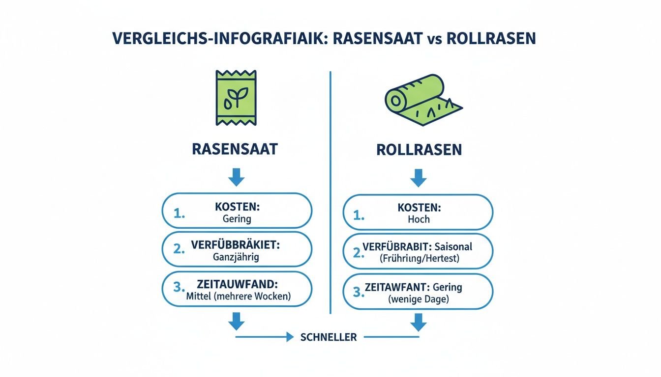 Infografik Vergleich Rasensaat vs. Rollrasen, zeigt Kosten, Verfügbarkeit und Zeitaufwand für beide Methoden.