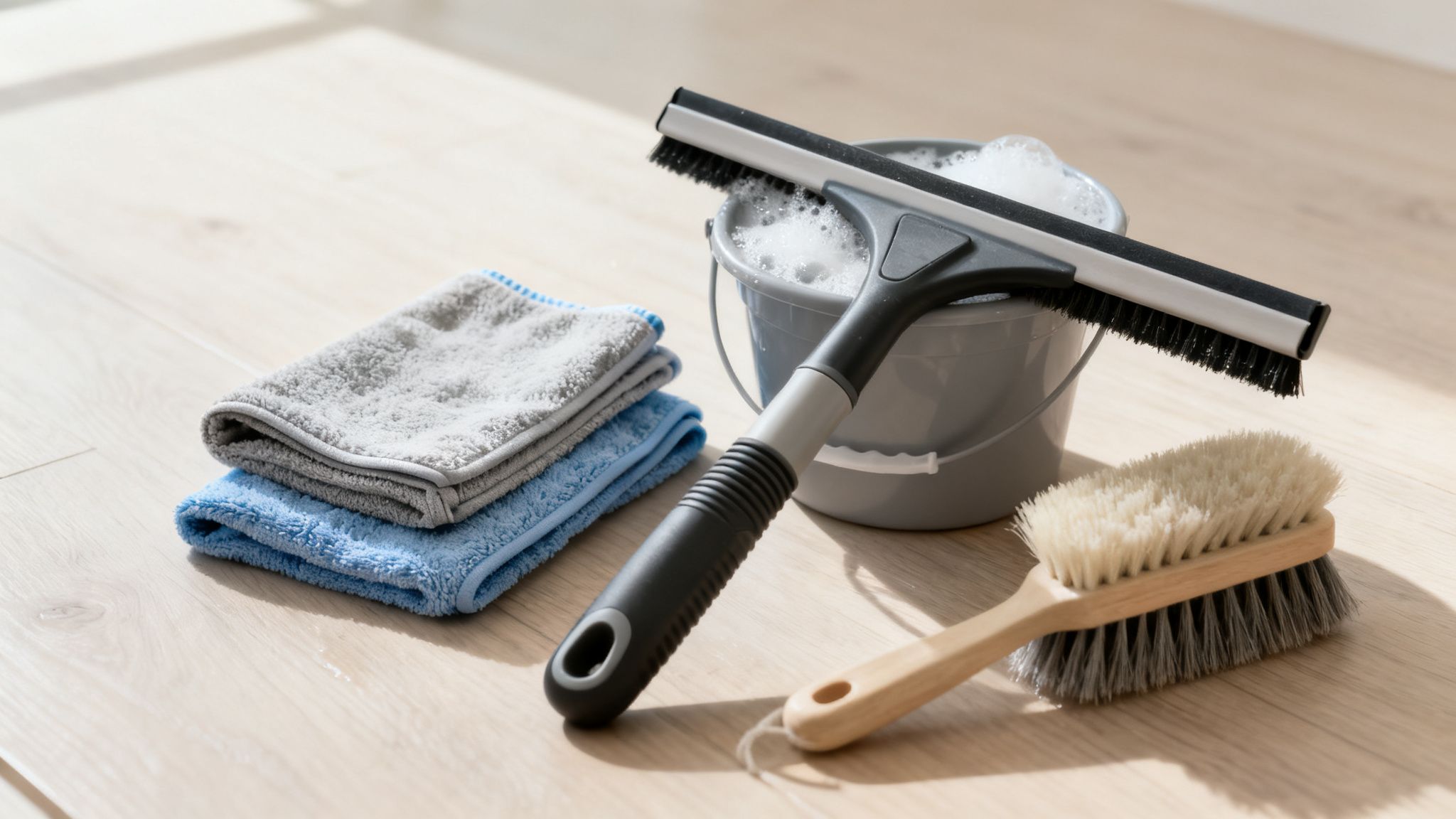 Umfassendes Reinigungsset mit Eimer, Abzieher, Tüchern und Bürste auf hellem Holzboden.