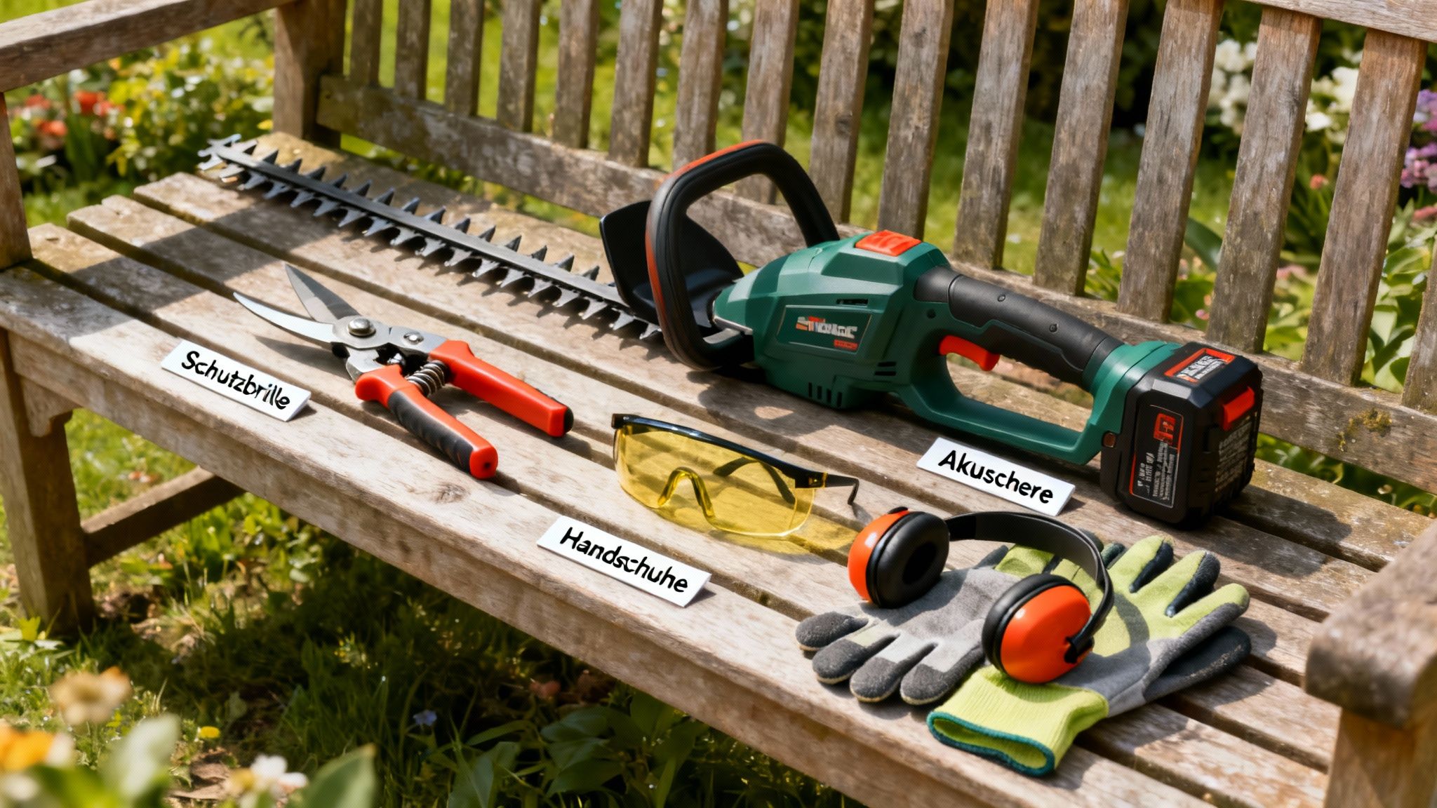 Diverse Gartengeräte für das Heckenschneiden, inklusive Akku-Heckenschere, Schutzbrille und Handschuhe, auf einer Holzbank.