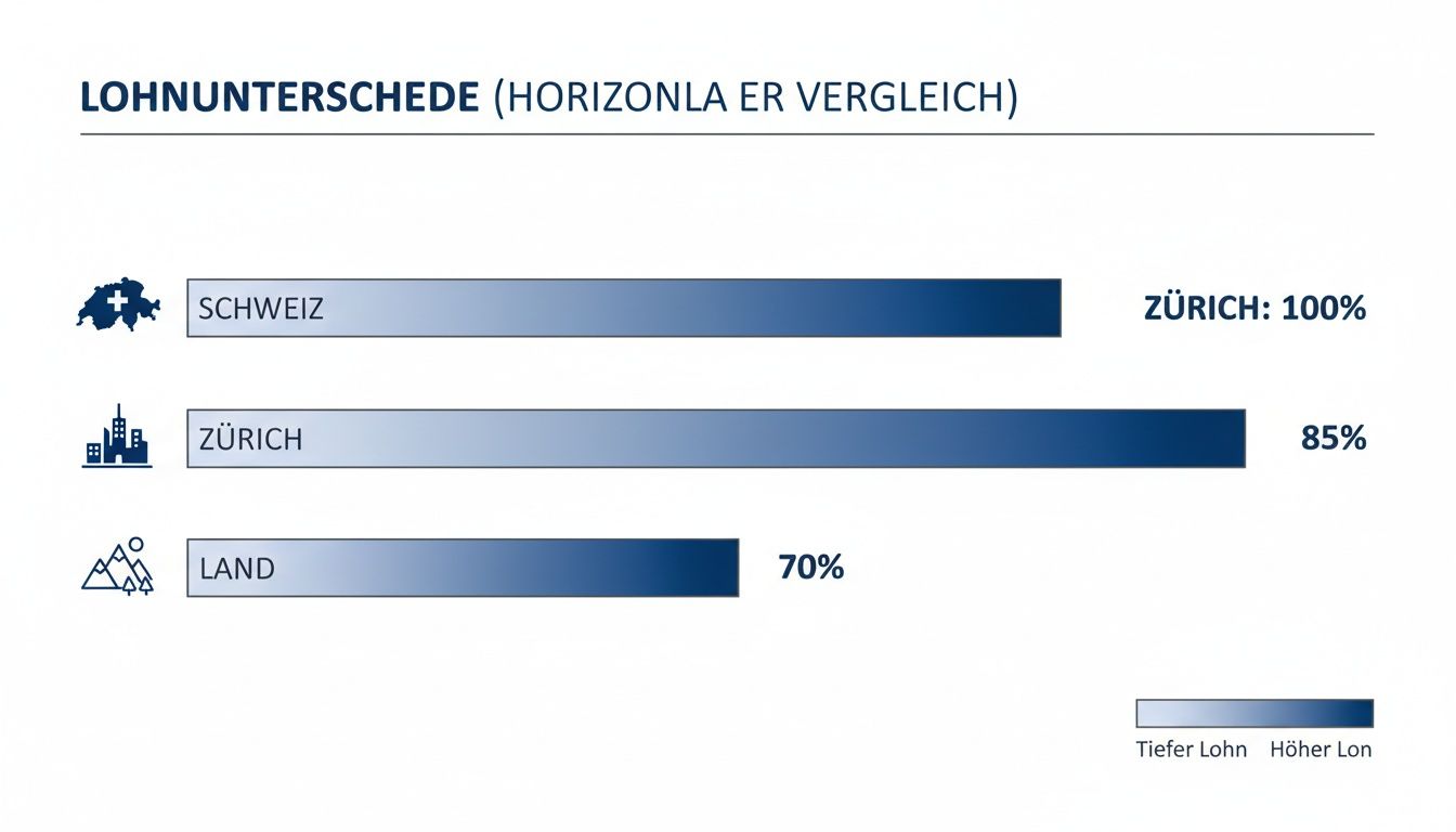 Balkendiagramm vergleicht Lohnunterschiede in der Schweiz, Zürich und ländlichen Regionen.