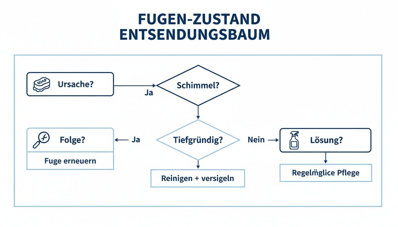 Flussdiagramm zur Analyse und Behebung von Problemen mit Fugen, einschließlich Schimmel und Pflege.