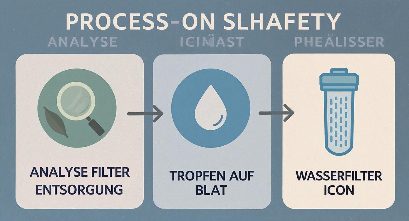 Process-on Sicherheitsdiagramm zeigt Wasserfilter-Analyse, Tropfenbildung und Icon in drei Schritten