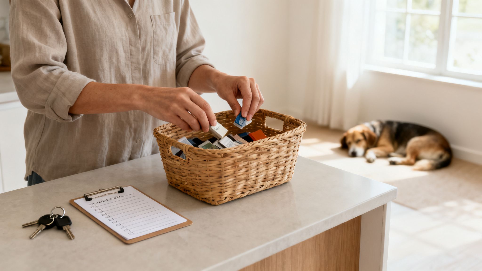 Hände sortieren Musterstücke in einen Weidenkorb auf einer Küchenarbeitsplatte, mit Schlüssel und Notizblock.