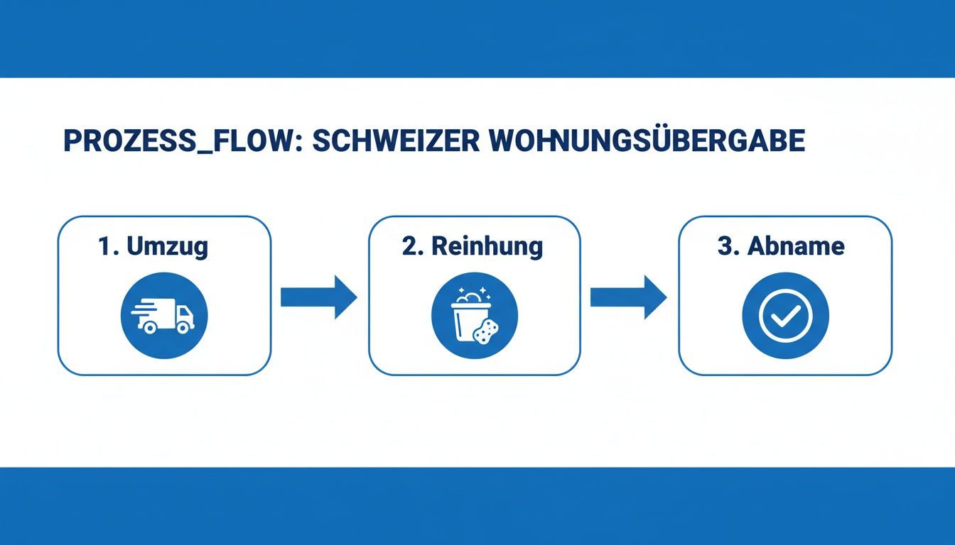 Prozessfluss für eine Schweizer Wohnungsübergabe, dargestellt mit Schritten wie Umzug, Reinigung und Abnahme.