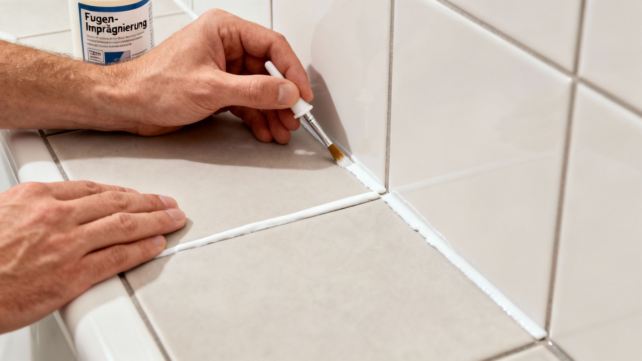 Nahaufnahme einer Hand, die Fliesen-Fugen mit einer Bürste im Badezimmer versiegelt.