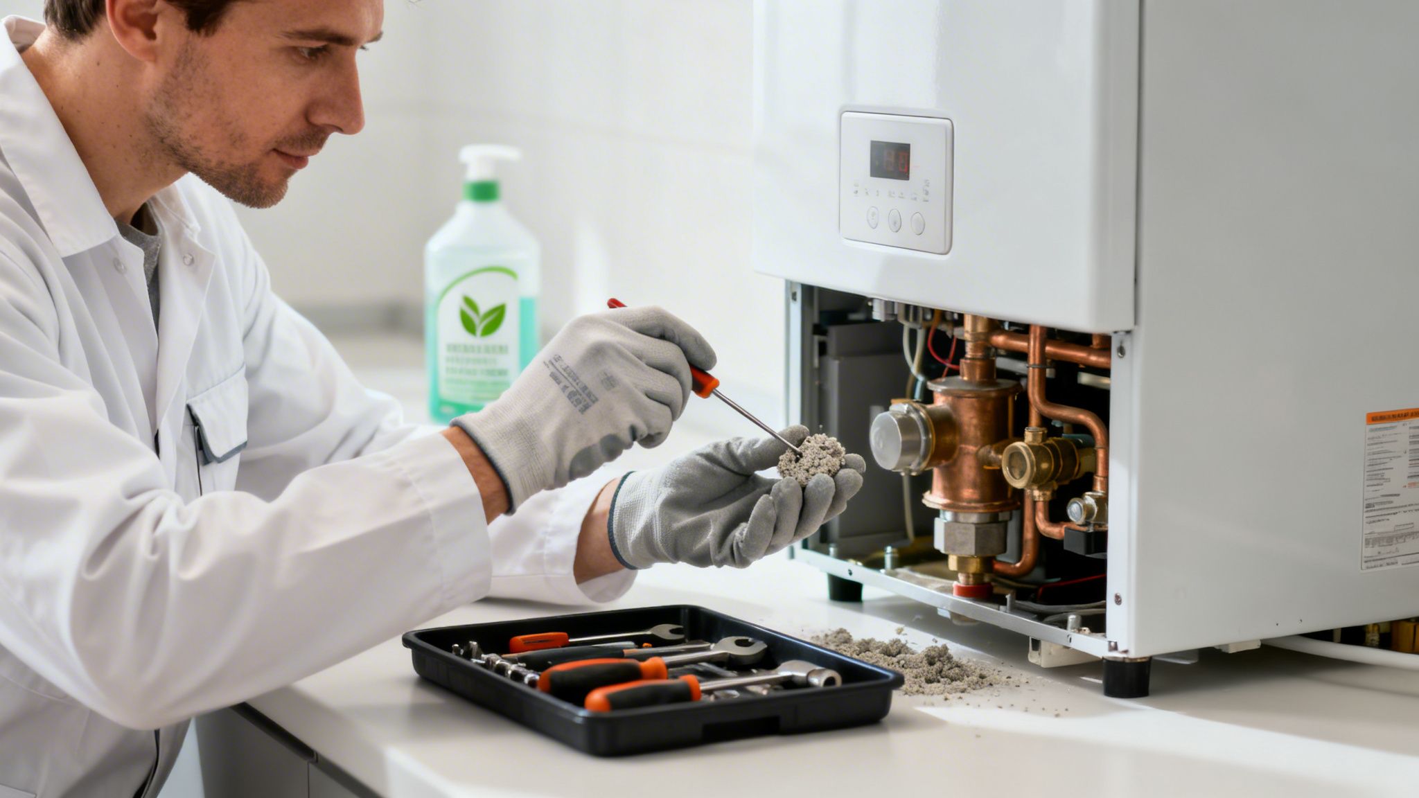 Ein Techniker in Handschuhen entkalkt einen Boiler und entfernt Ablagerungen mit einem Schraubendreher.