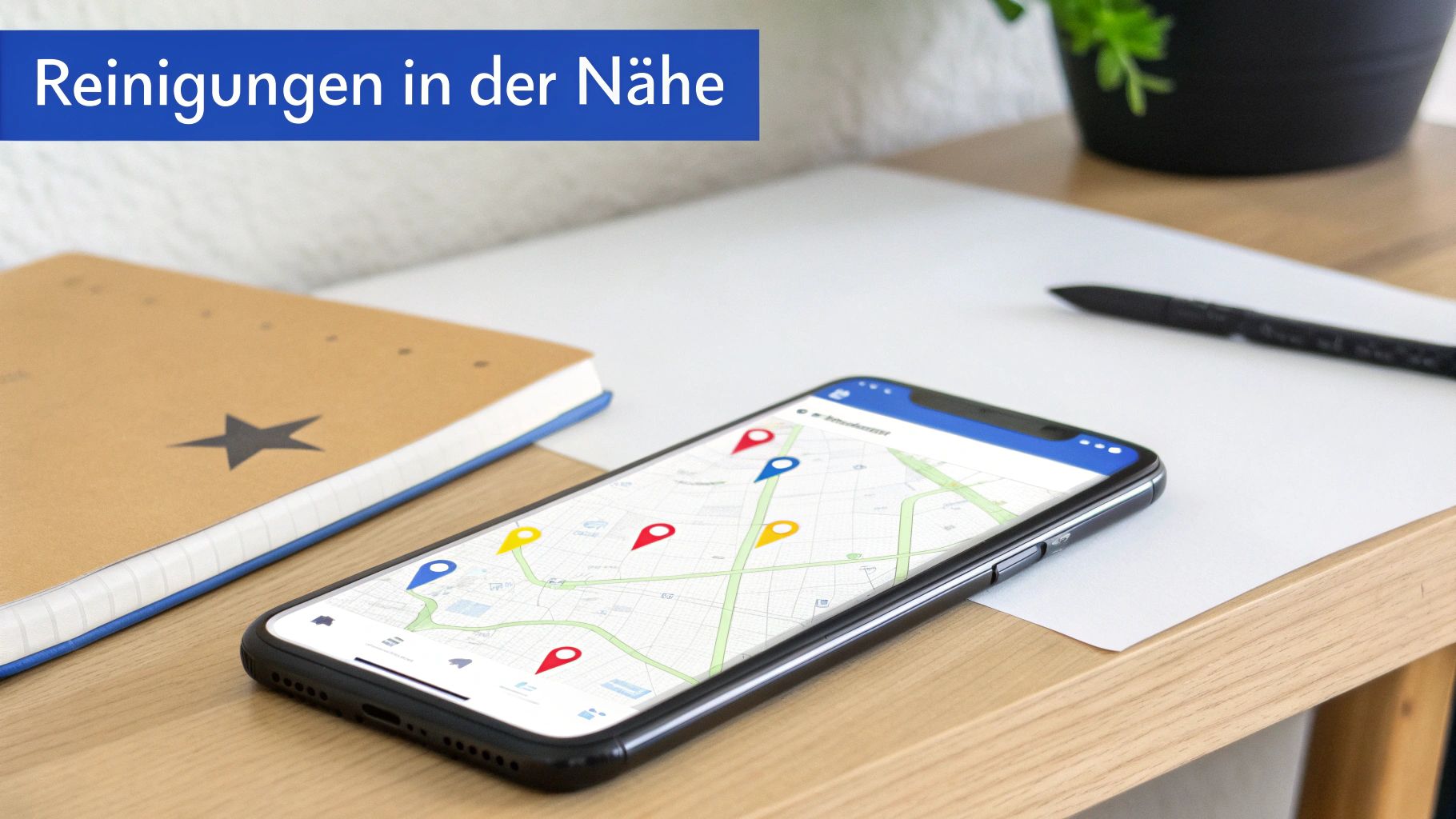 Smartphone mit Karten-App zeigt Reinigungsdienste in der Nähe auf Schreibtisch mit Notizbuch