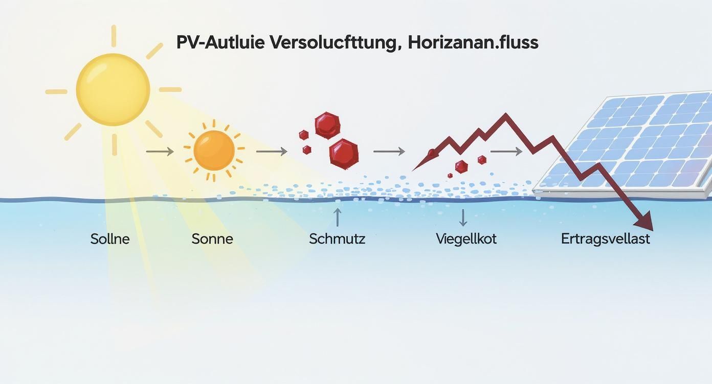 Diagramm zeigt horizontale Verschmutzung von PV-Anlagen durch Sonne, Schmutz, Viegelkot und deren Auswirkung auf Ertragsverlust