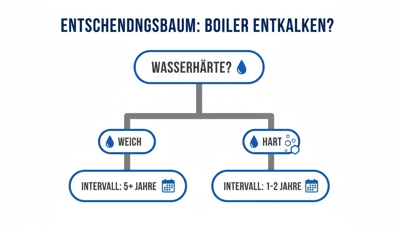Entscheidungsbaum zur Häufigkeit des Boiler-Entkalkens basierend auf Wasserhärte (weich oder hart).
