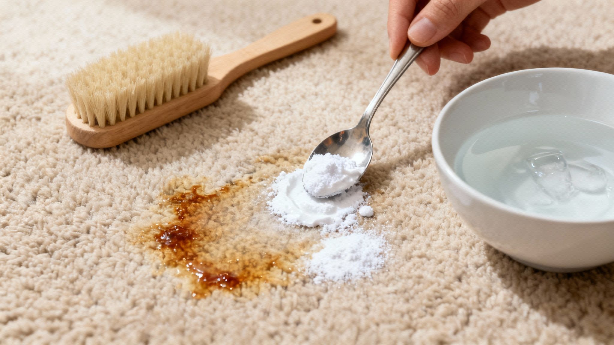 Eine Hand streut weißes Pulver auf einen braunen Fleck auf einem hellen Teppich, daneben liegen eine Bürste und eine Schale mit Wasser.