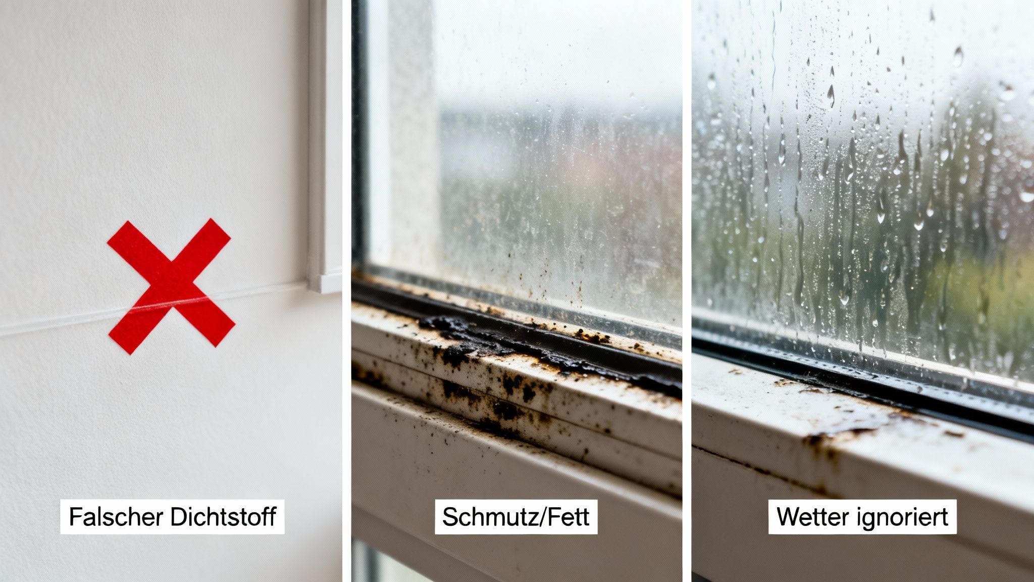 Drei Bilder zeigen Probleme beim Abdichten von Fenstern: falschen Dichtstoff, Schmutz und die Vernachlässigung des Wetters.