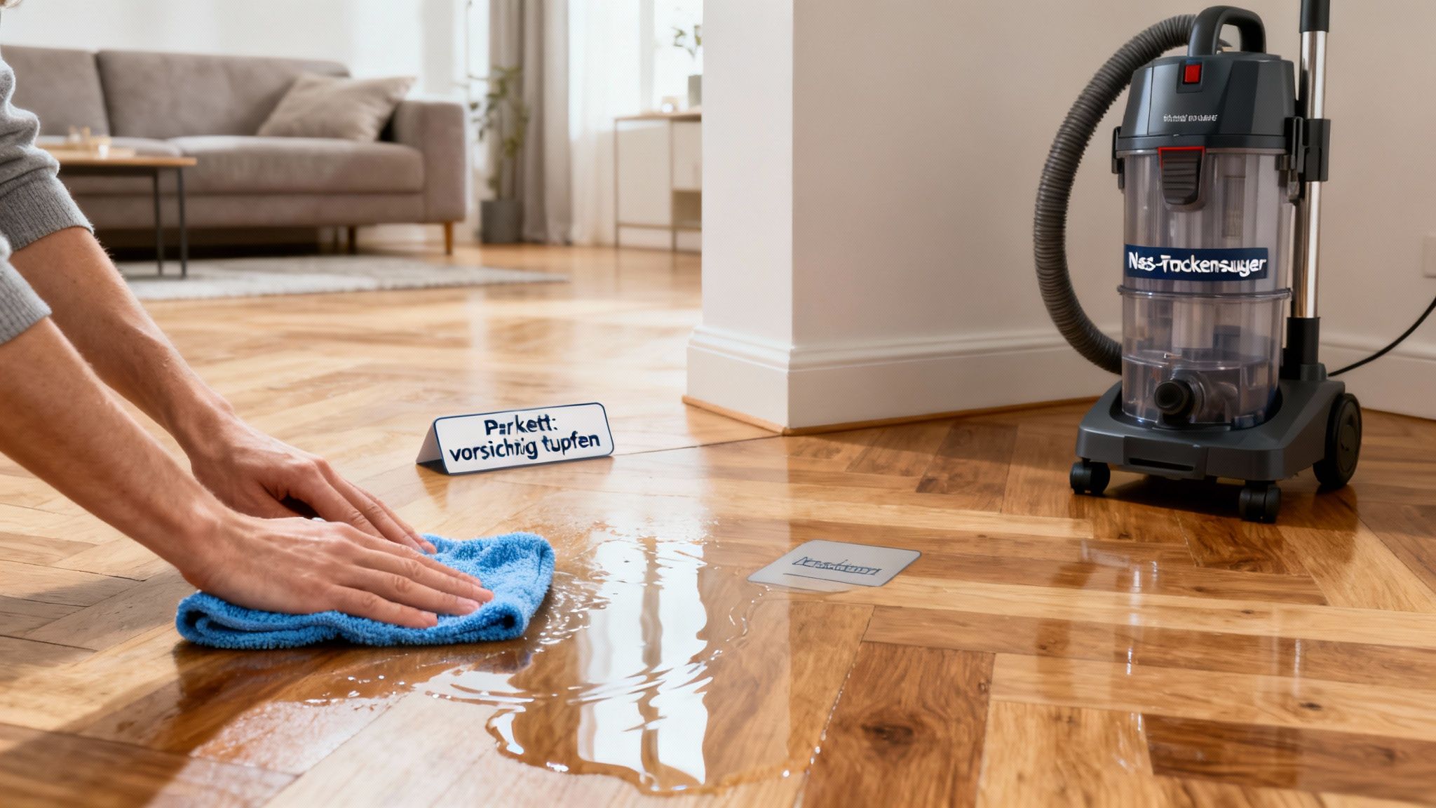 Eine Person tupft verschüttetes Wasser auf einem glänzenden Parkettboden mit einem blauen Tuch ab.