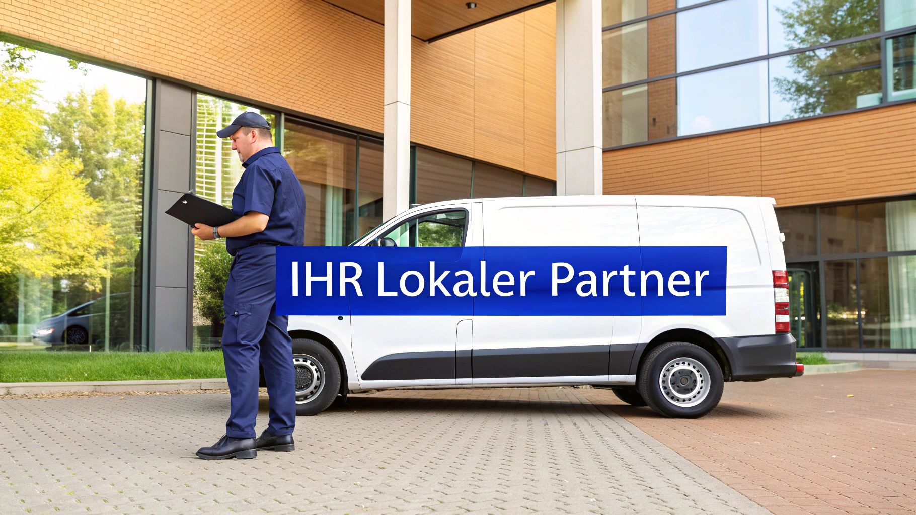 Lieferfahrer in blauer Uniform prüft Dokumente vor einem weißen Transporter mit Werbebanner.