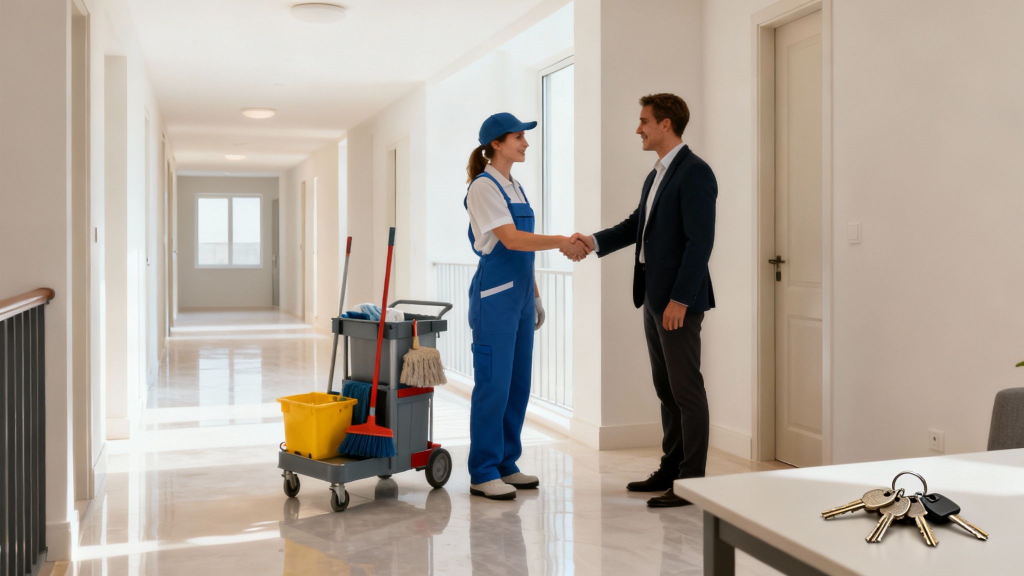 Reinigungskraft und Mann schütteln Hände in hellem Flur mit Putzwagen und Schlüsseln auf Tisch.