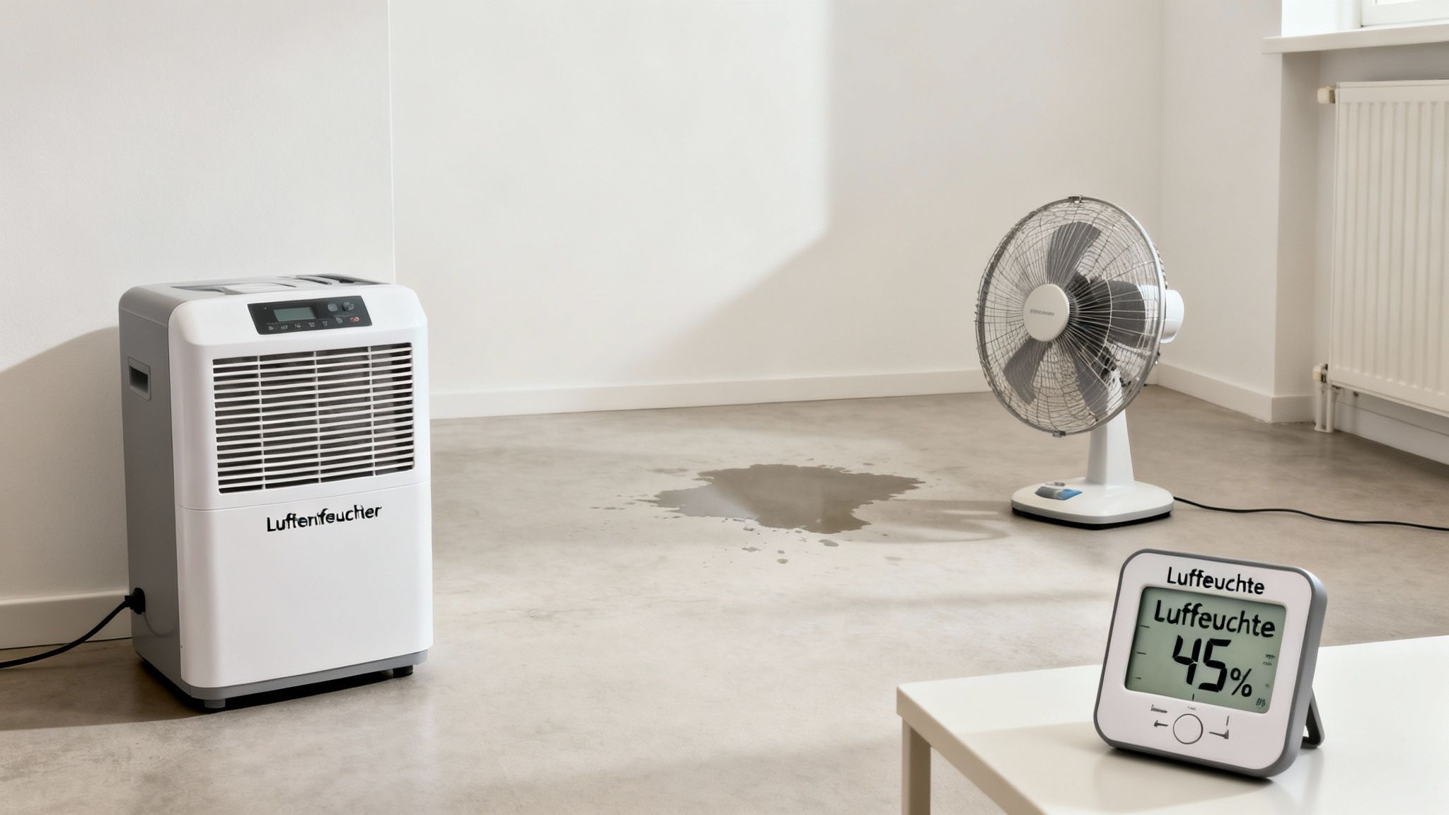 Luftentfeuchter, Ventilator und Hygrometer trocknen einen nassen Boden, 45% Luftfeuchtigkeit.