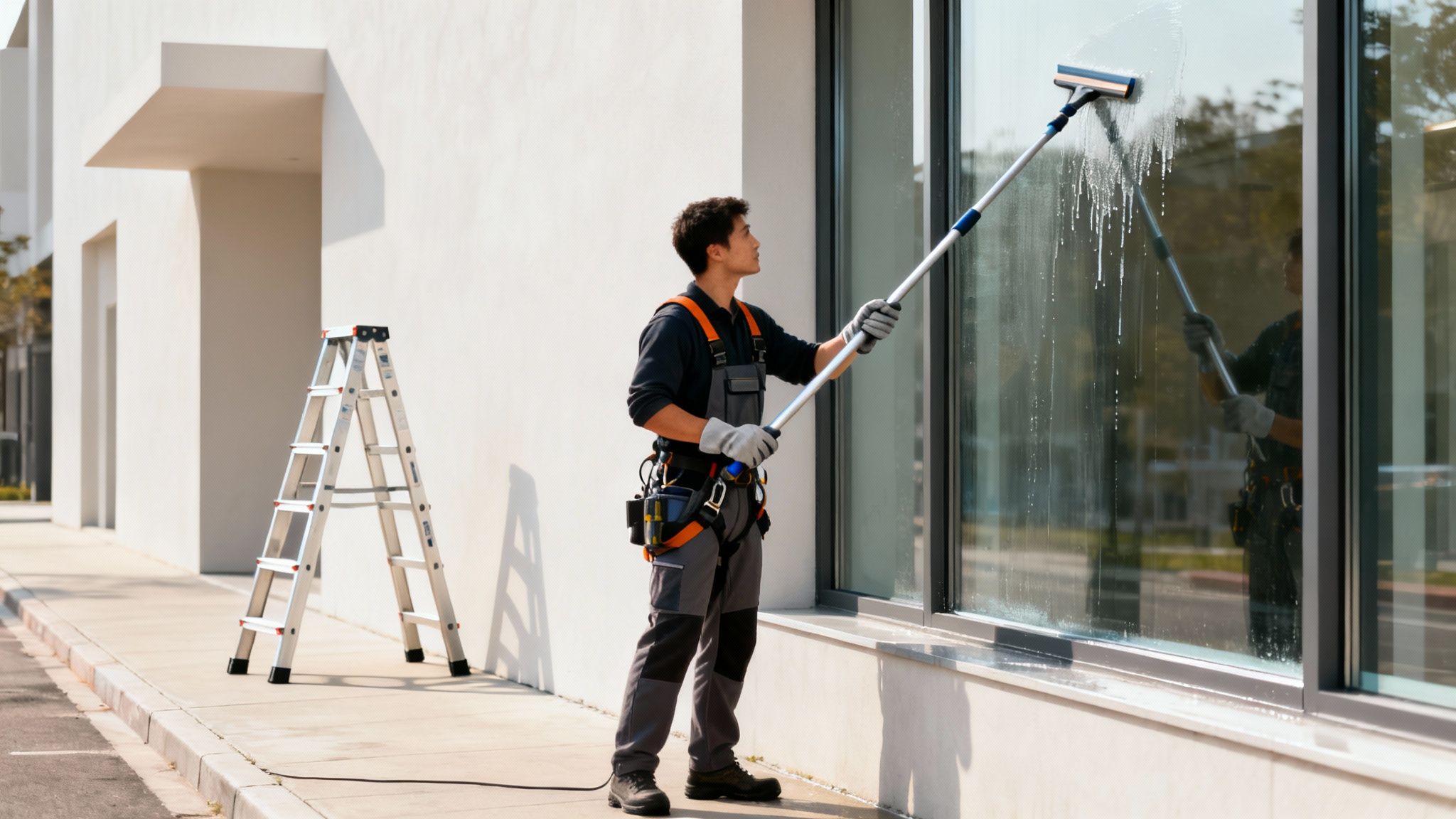 Ein Fensterputzer reinigt mit einer Stange ein großes Fenster eines modernen Gebäudes. Eine Leiter steht bereit.