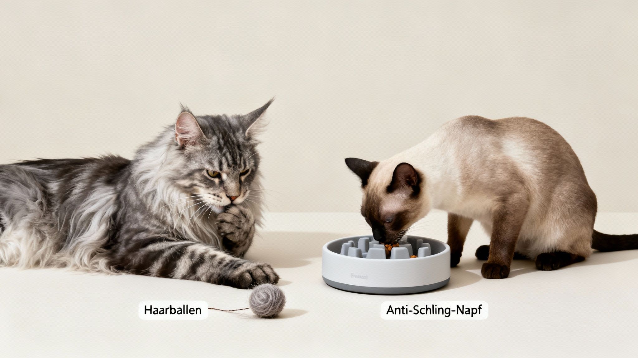 Zwei Katzen, eine spielt mit einem Wollknäuel (Haarballen), die andere frisst aus einem Anti-Schling-Napf.