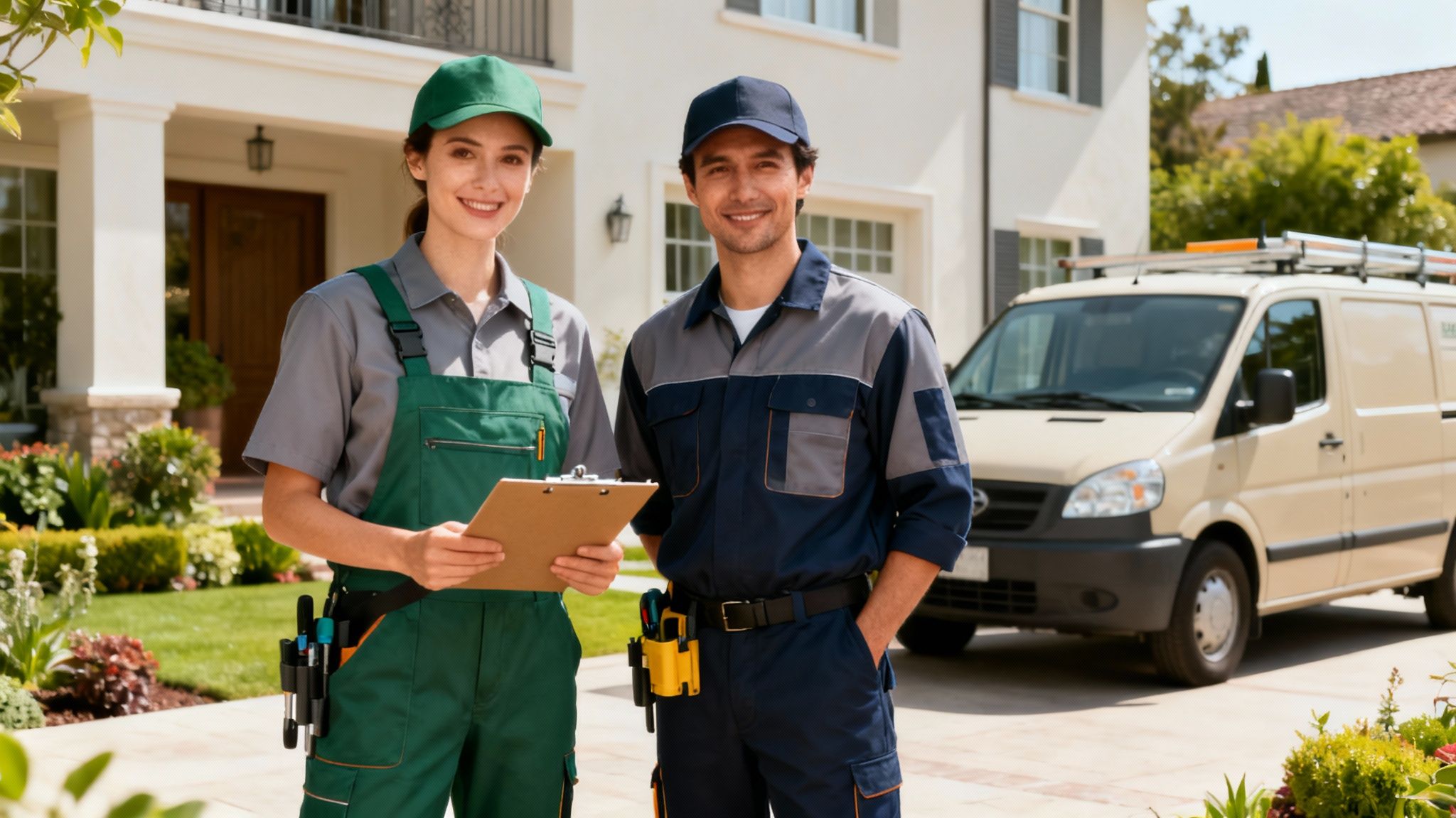 Zwei lächelnde Servicetechniker in Arbeitskleidung stehen vor einem Haus mit einem Lieferwagen.
