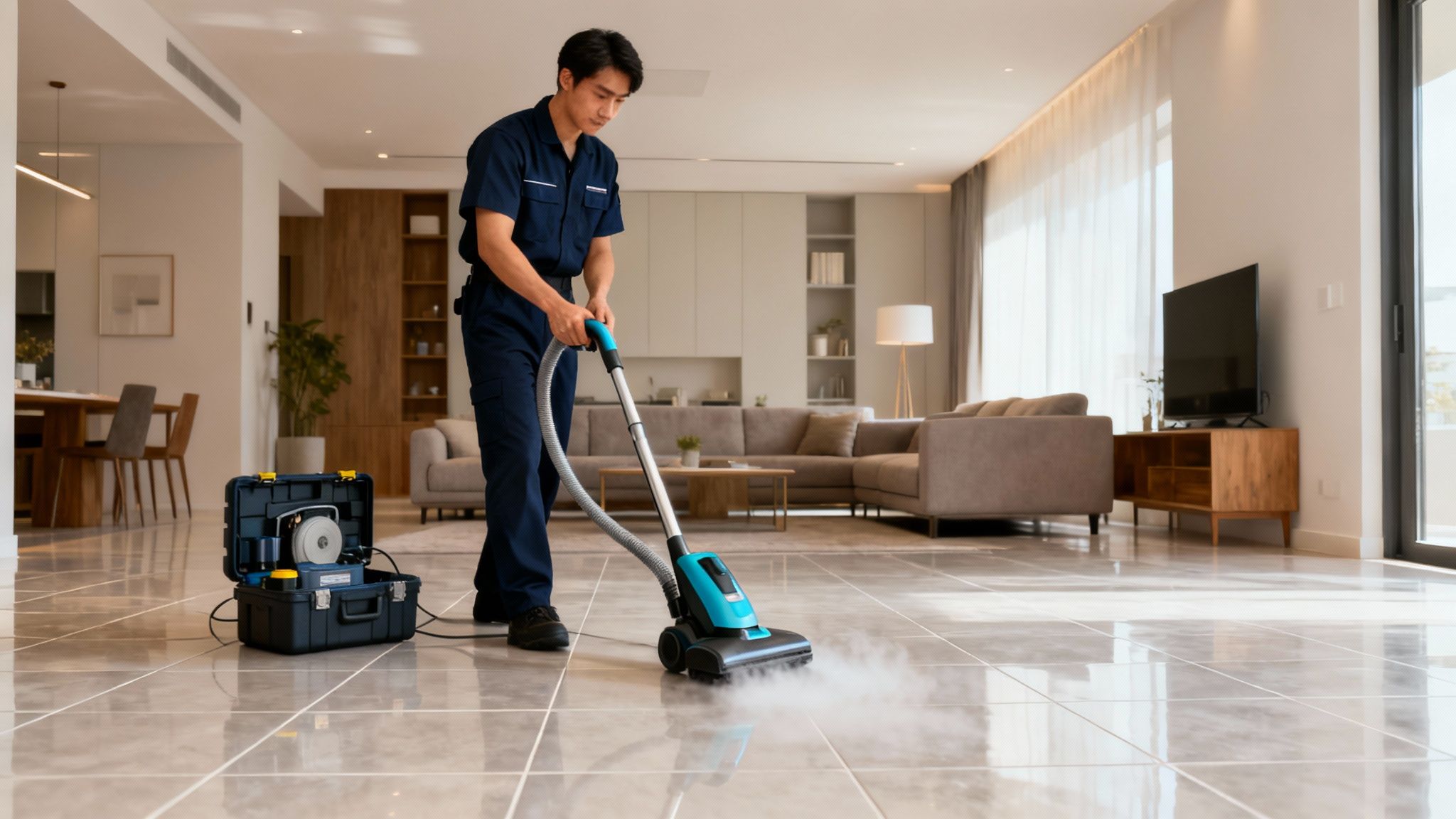 Mann in Uniform reinigt Bodenfliesen mit Dampfreiniger in modernem Wohnzimmer.