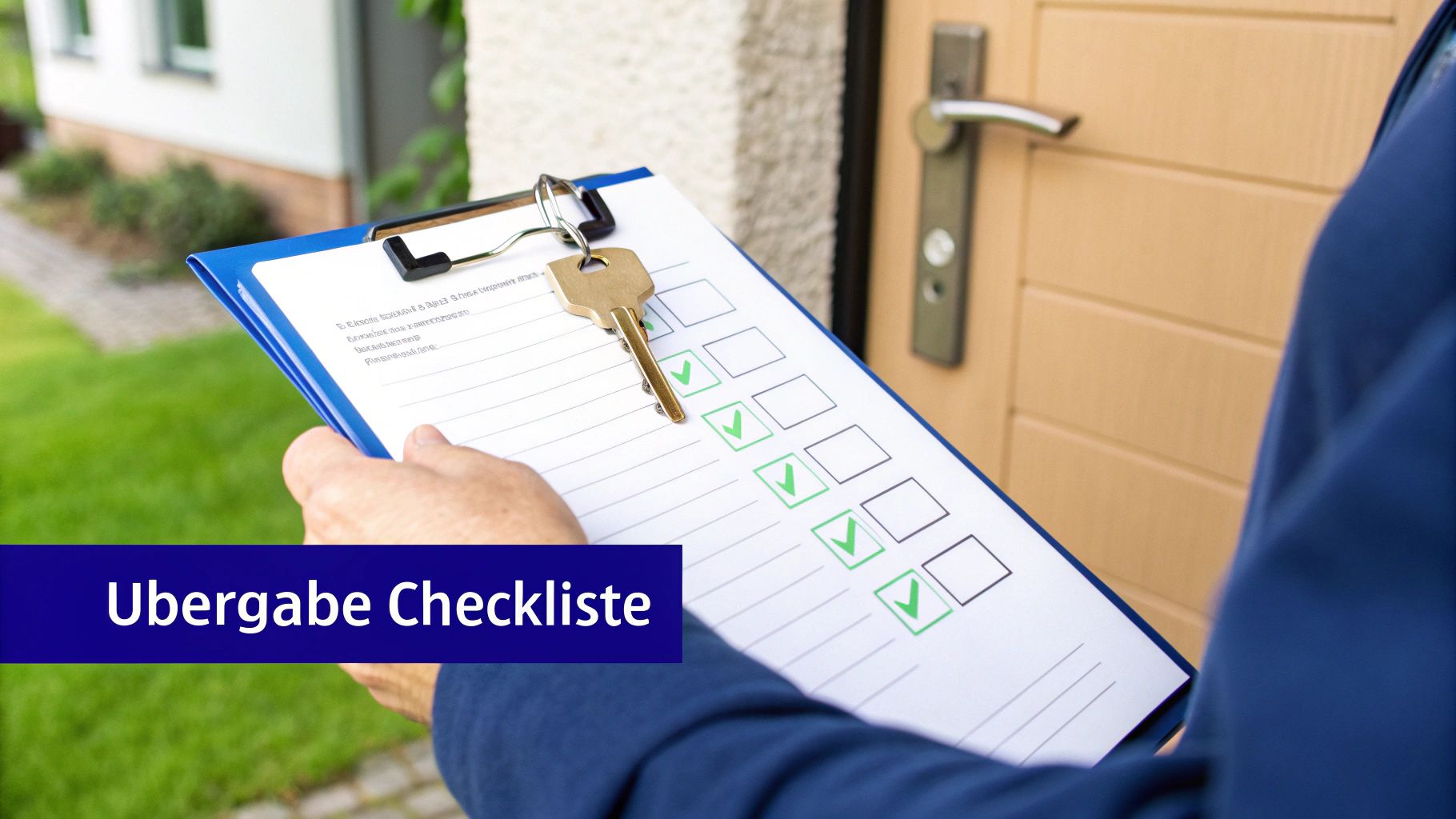 Eine Person mit einem Tablet überprüft eine Reinigungs-Checkliste, was die gründliche Planung und Beantwortung von Fragen symbolisiert.