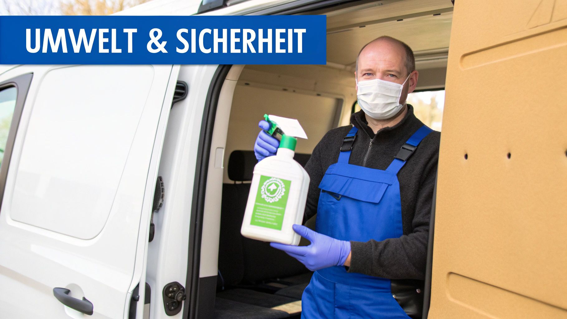 Mann mit Maske und blauen Overalls hält Sprühflasche vor weißem Lieferwagen mit Überschrift „UMWELT & SICHERHEIT“.
