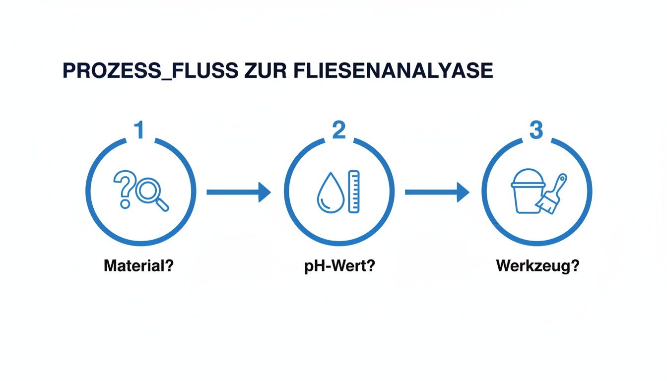 Prozessflussdiagramm zur Fliesenanalyse: Schritte für Materialprüfung, pH-Wert und Werkzeugauswahl.