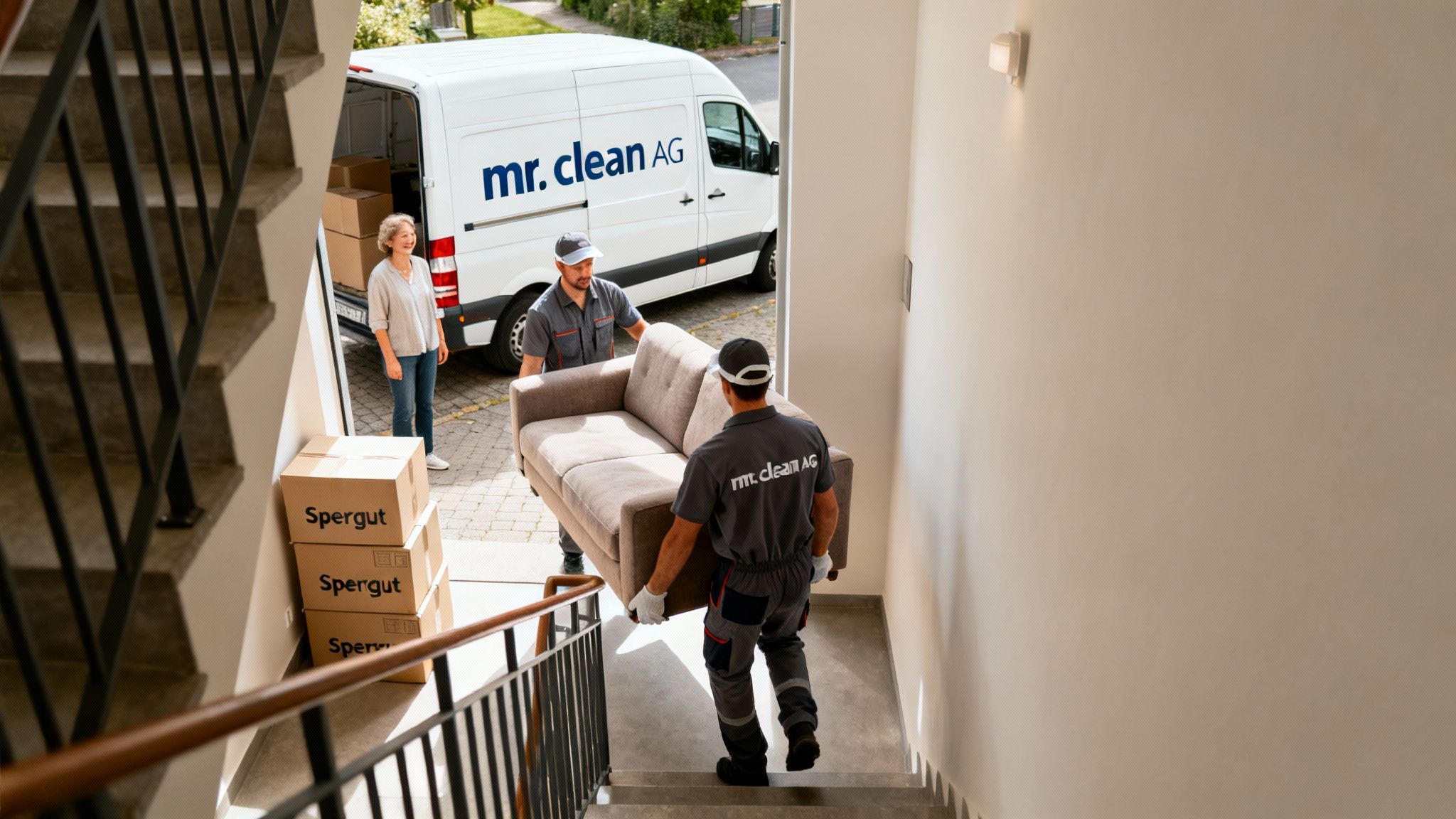 Umzugshelfer von mr. clean AG tragen ein Sofa eine Treppe hinunter, daneben stehen Umzugskartons und eine Frau.
