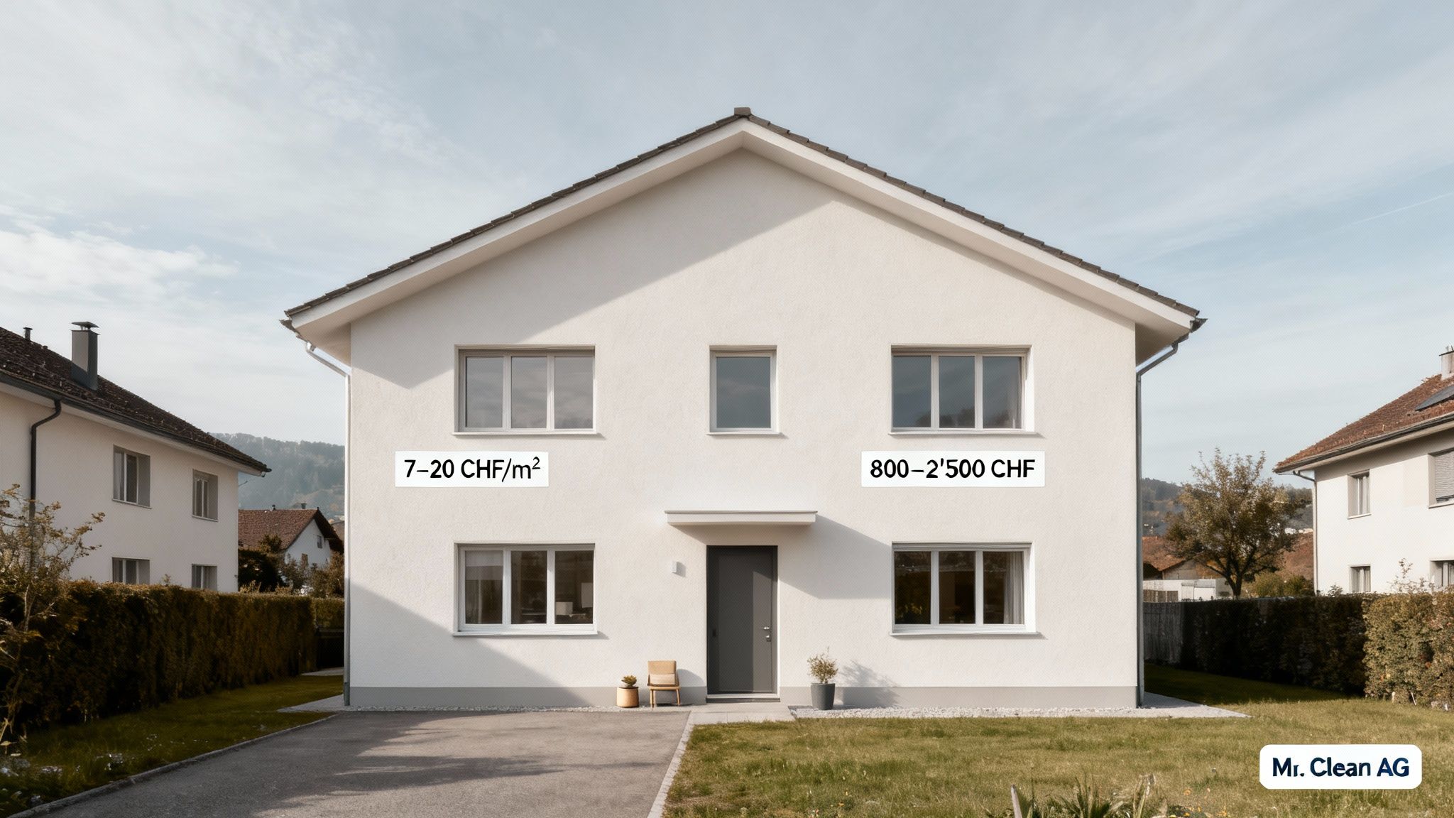 Weißes Einfamilienhaus mit Preisangaben für Fassadenreinigung und Mr. Clean AG Logo am unteren Rand.