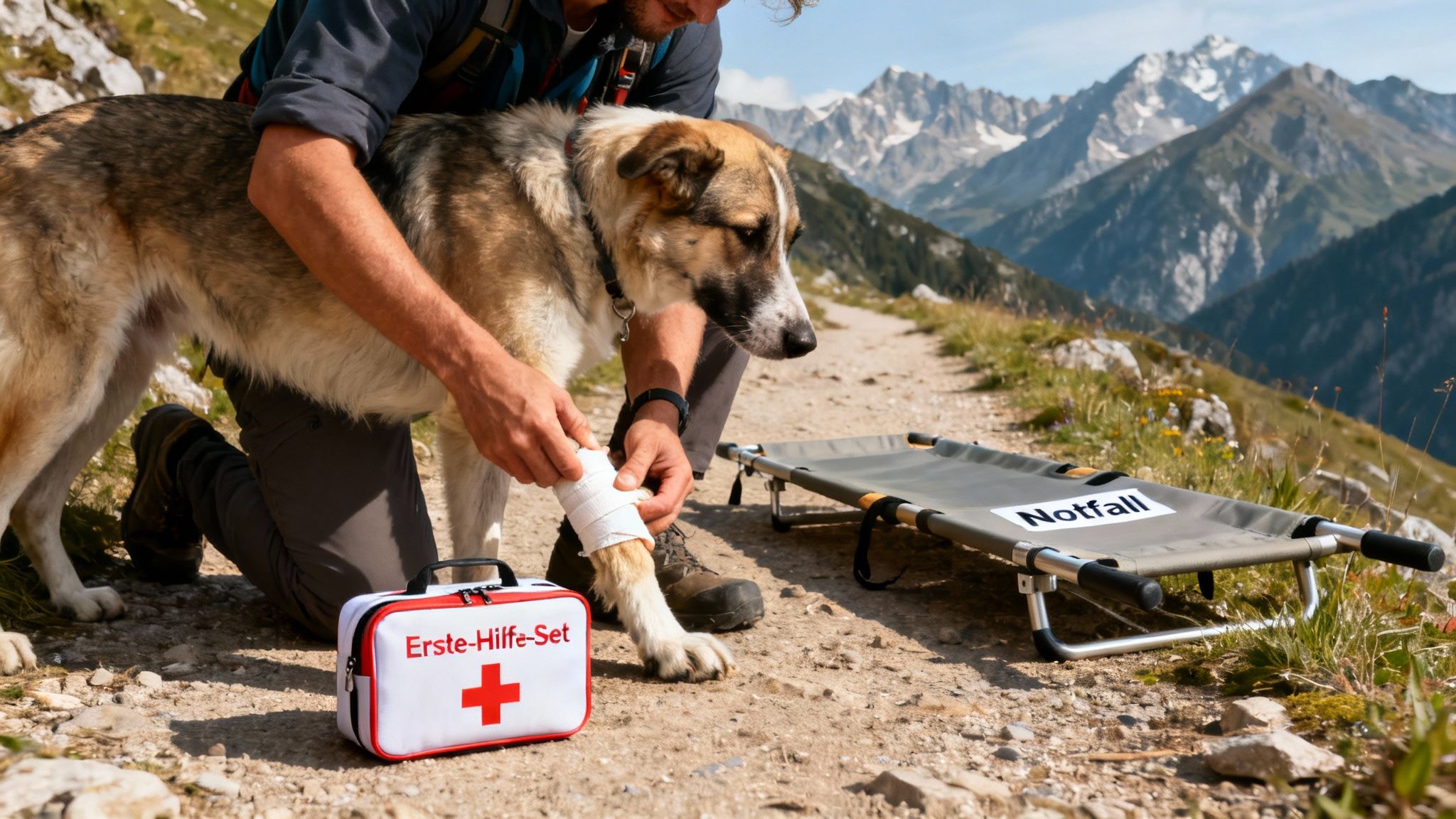 Ein Mann versorgt die verletzte Pfote seines Hundes mit einem Verband auf einem Bergpfad. Ein Erste-Hilfe-Set liegt daneben.