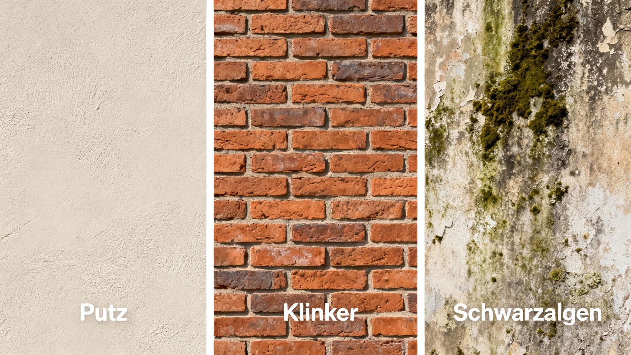Drei Oberflächenbeispiele für Fassaden: Putz, Klinker und eine von Schwarzalgen befallene Wand.