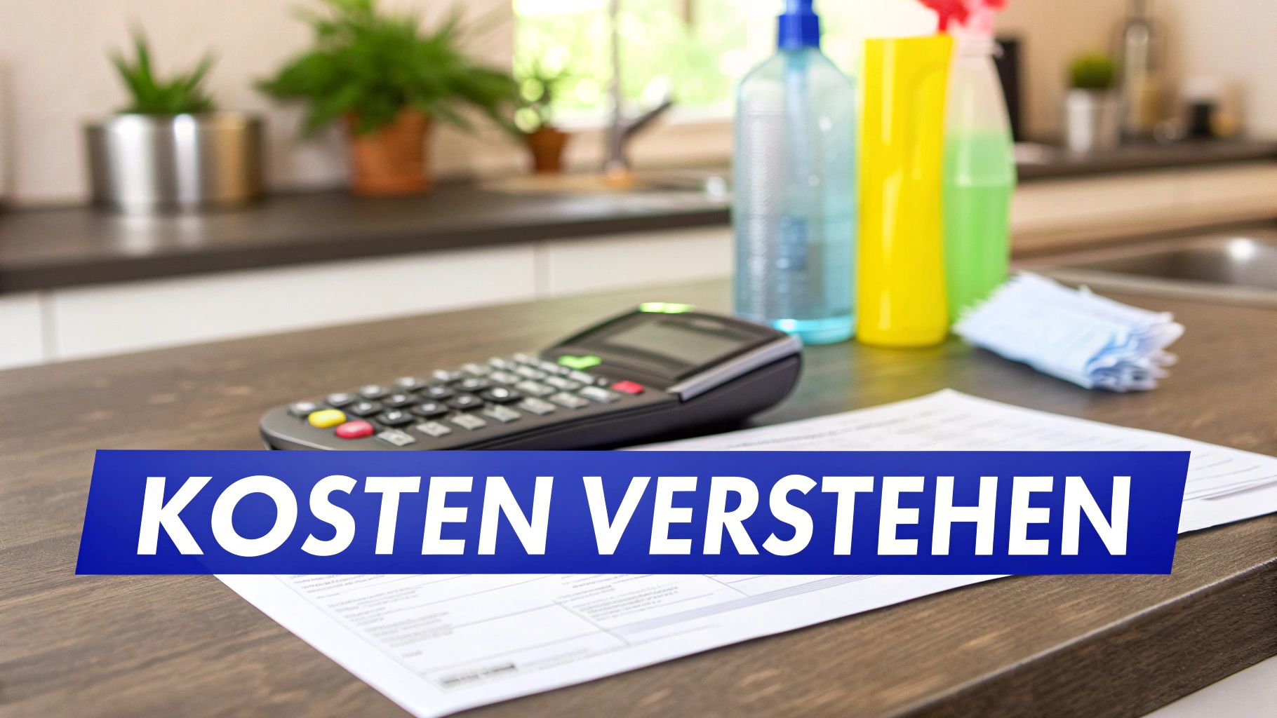 Eine Person überprüft Dokumente und einen Taschenrechner auf einem Schreibtisch