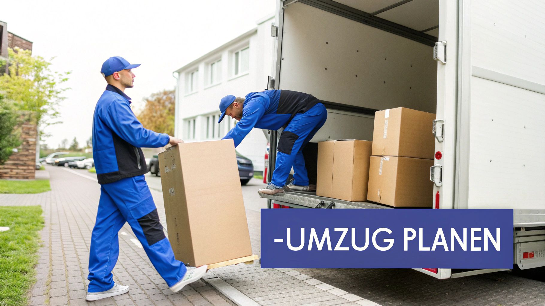 Zwei Umzugshelfer in blauen Uniformen laden Kartons in einen Umzugswagen. Ein Helfer schiebt einen Karton, der andere packt im LKW.