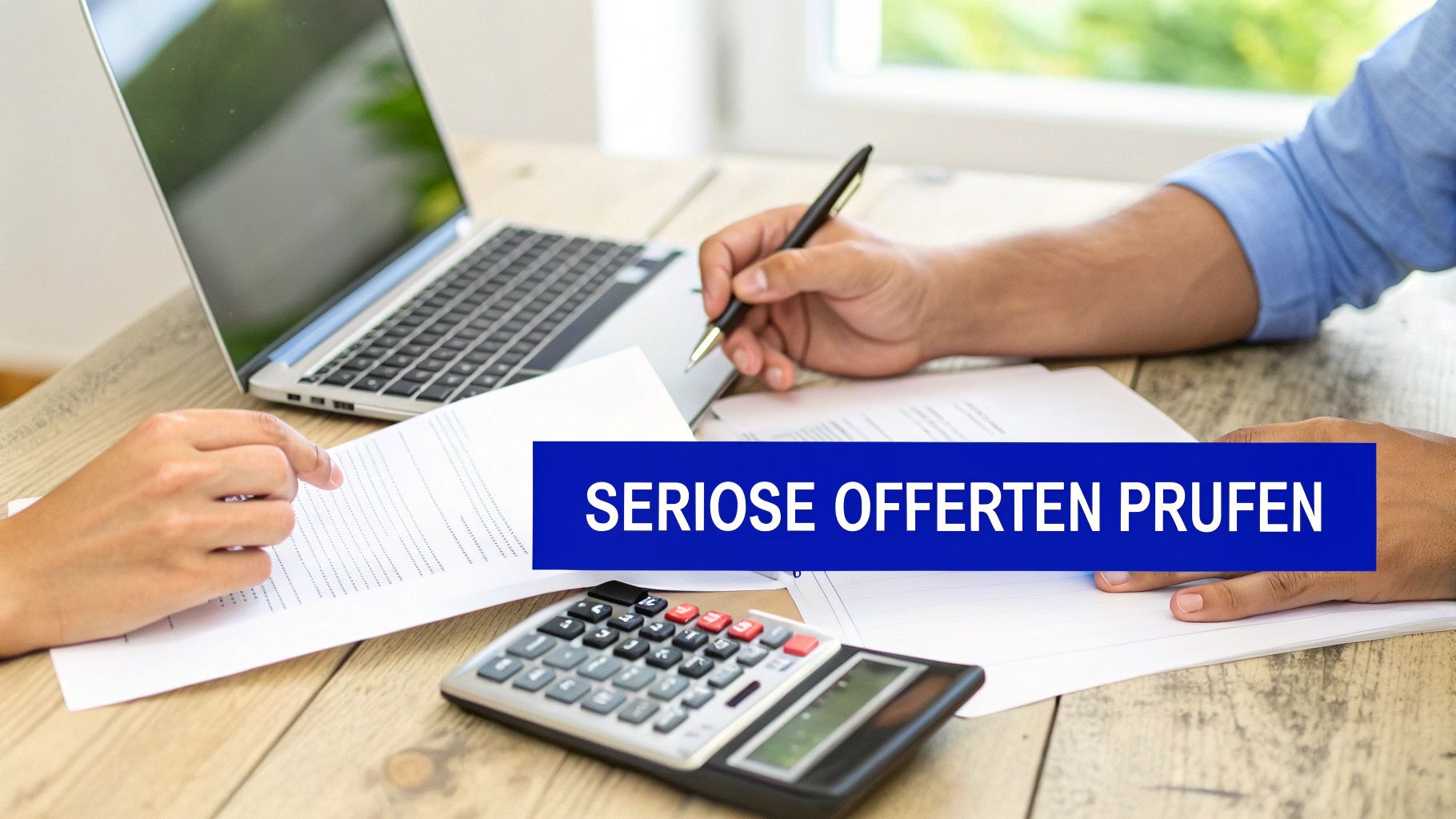 Eine Person prüft sorgfältig eine schriftliche Offerte mit einer Lupe.