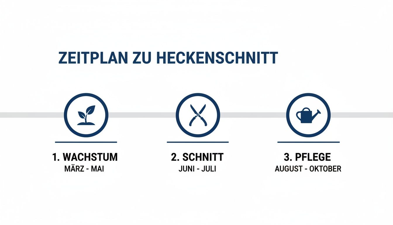 Zeitplan zum Heckenschnitt mit Phasen Wachstum, Schnitt und Pflege für die Monate März bis Oktober.