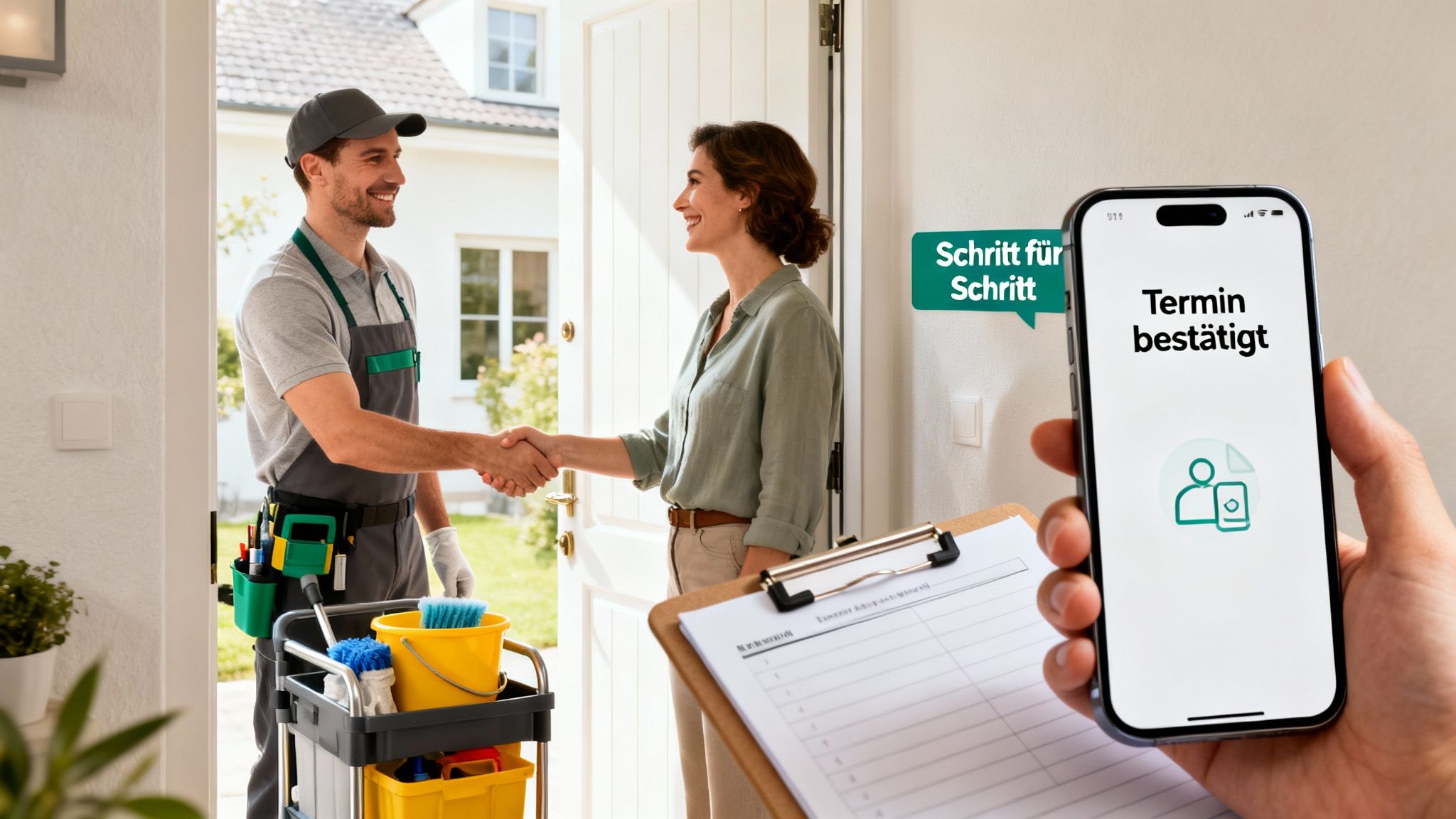 Ein Service-Techniker schüttelt einer Frau die Hand. Auf einem Smartphone steht: Termin bestätigt.