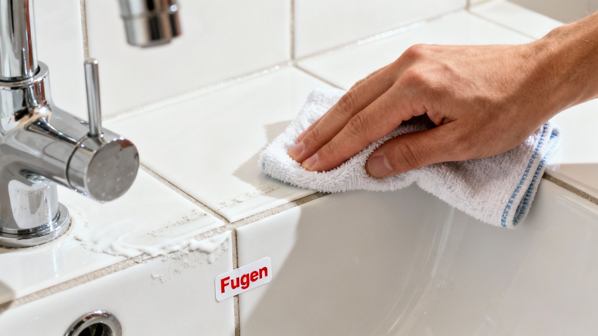 Eine Hand reinigt mit einem weißen Tuch Fliesen und Fugen um einen Wasserhahn in einem Badezimmer.