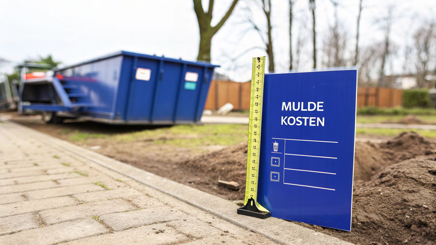Blauer Hinweisschild für Mulde-Kosten neben blauem Container auf Baustelle mit Erdhaufen