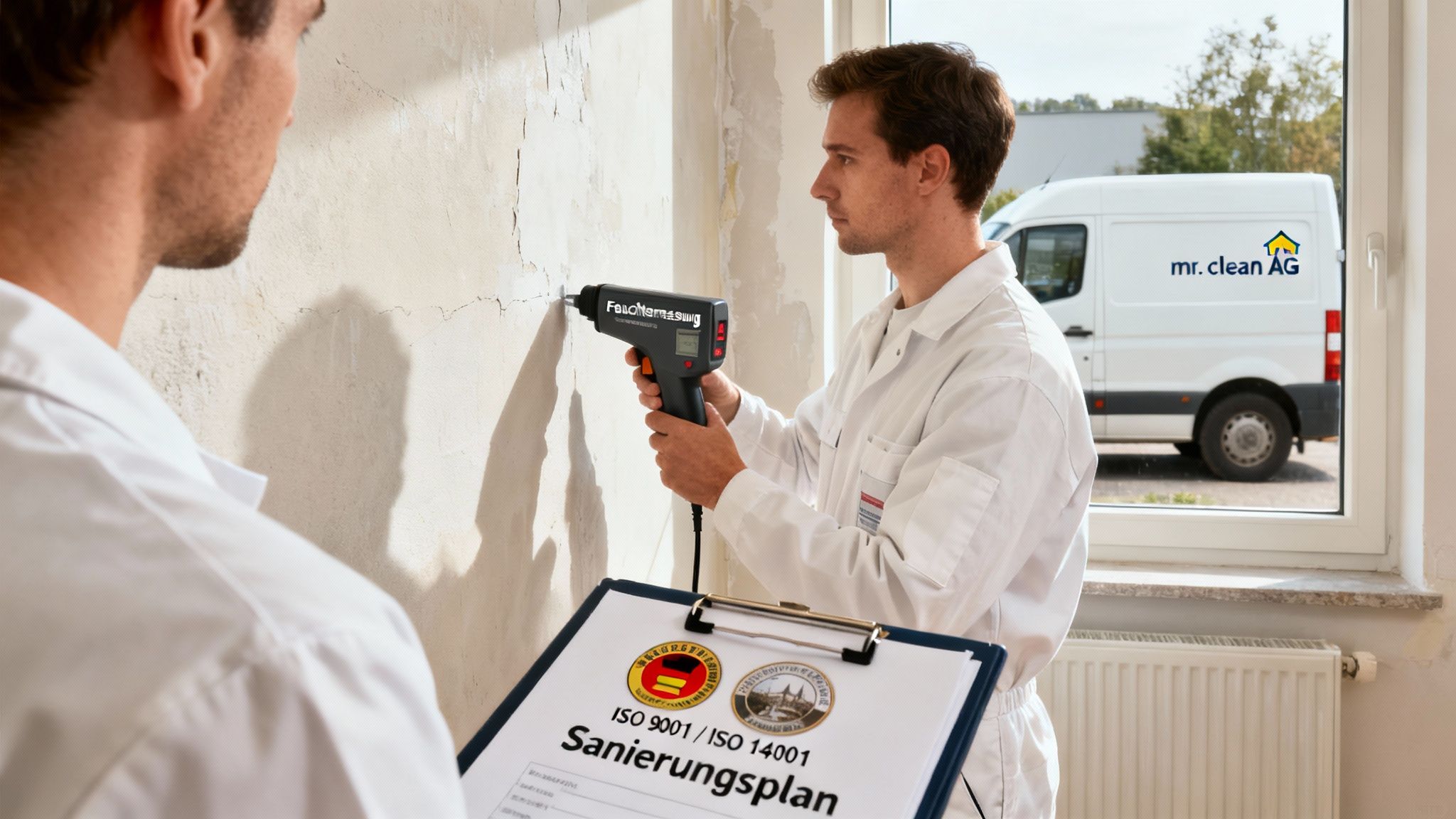 Experten führen eine Feuchtigkeitsmessung an einer rissigen Wand durch, um einen Sanierungsplan zu erstellen.