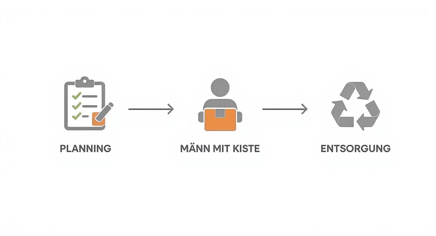 Flussdiagramm mit den Schritten Planung (Klemmbrett), Transport (Person mit Kiste) und Entsorgung (Recycling-Symbol).