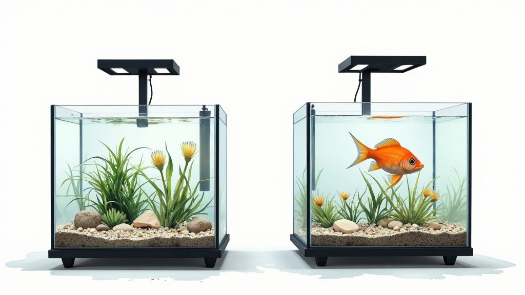 Eine Person richtet die technische Ausstattung in einem neuen Aquarium ein.