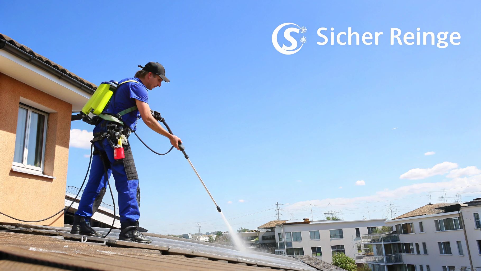 Eine Person reinigt professionell Solarmodule auf einem Dach.