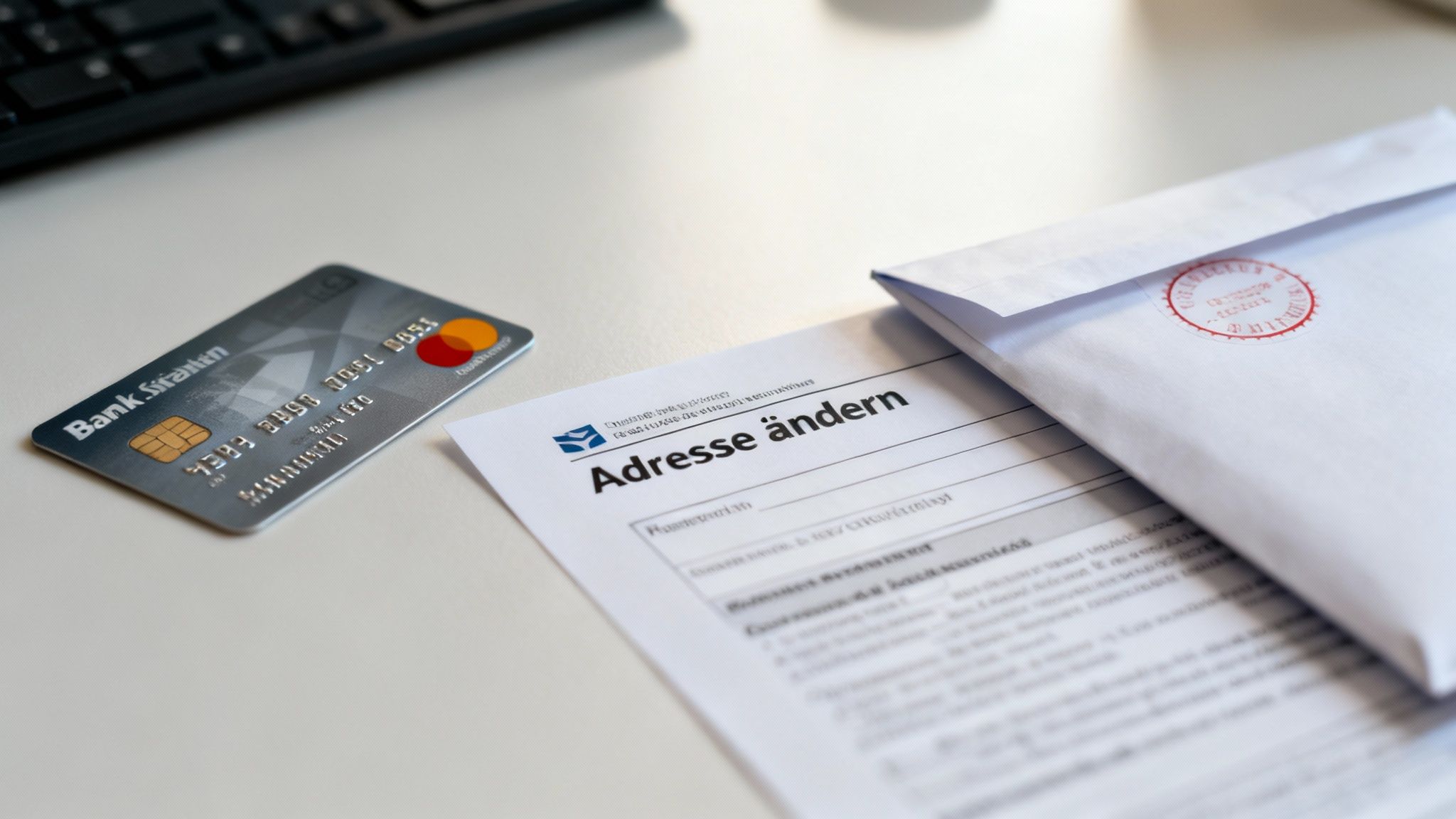 Eine Bankkarte, ein Formular zur Adressänderung und ein gestempelter Umschlag auf einem hellen Tisch.