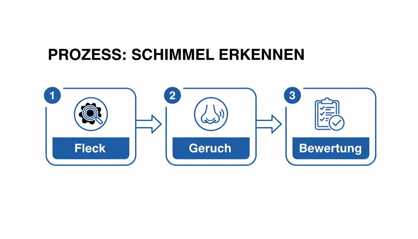 Diagramm zeigt den Prozess zur Schimmelerkennung in drei Schritten: Fleck, Geruch und Bewertung.