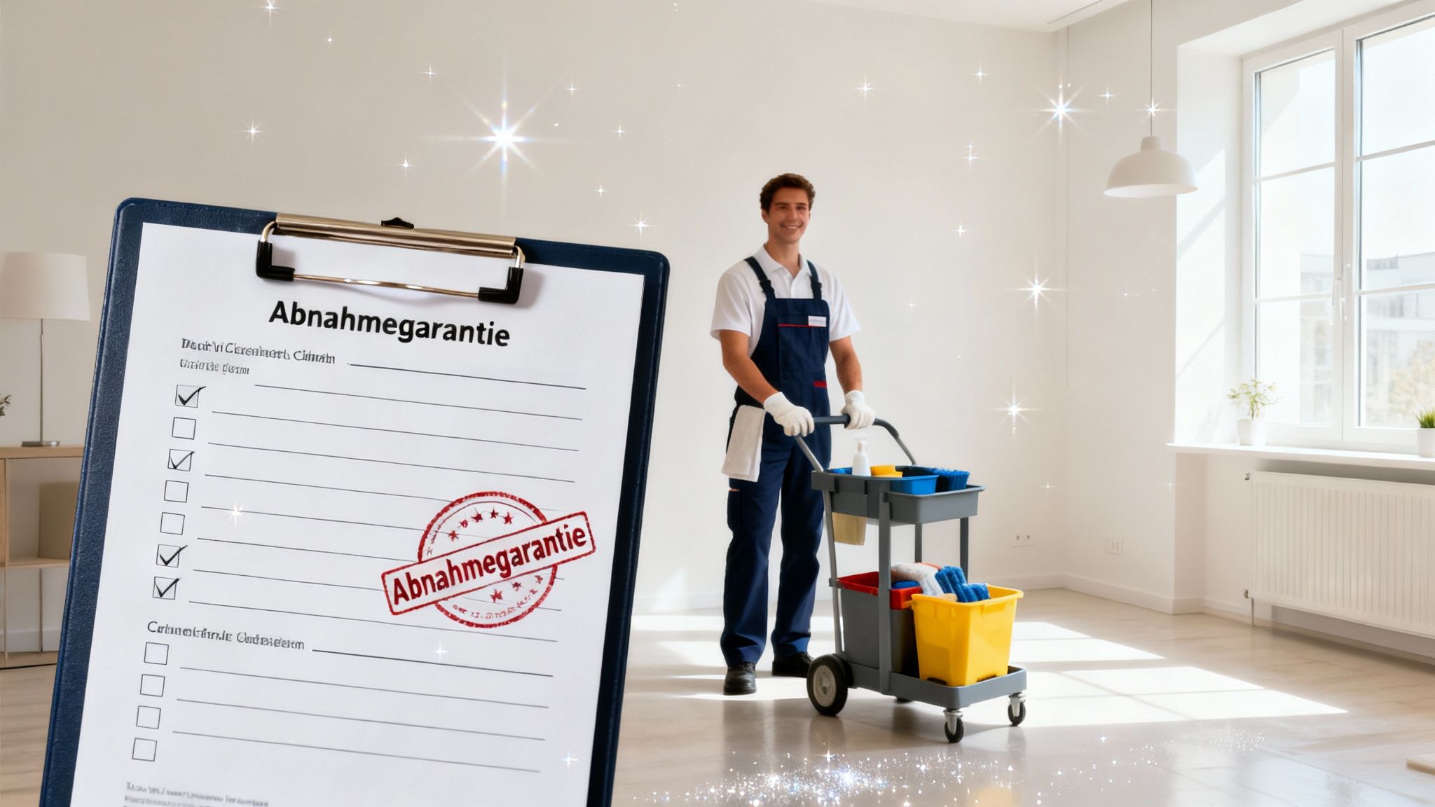Ein lächelnder Reinigungskraft mit Putzwagen in einem sauberen Raum, daneben ein Klemmbrett mit Abnahmegarantie.