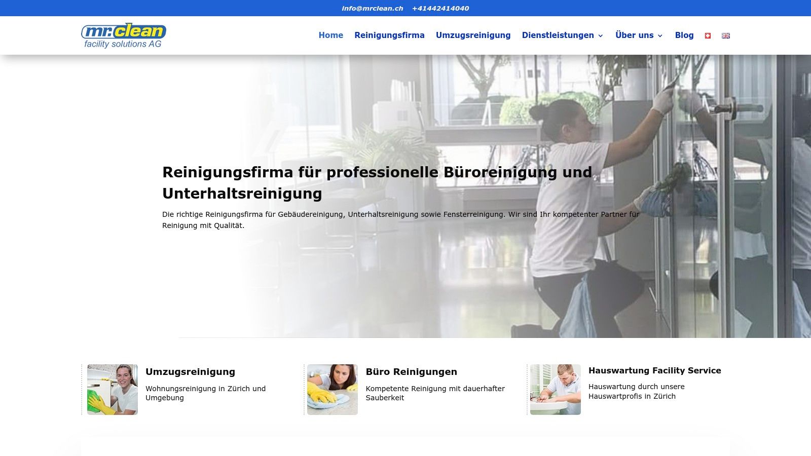 mr. clean AG Website-Oberfläche mit Fokus auf Dienstleistungen