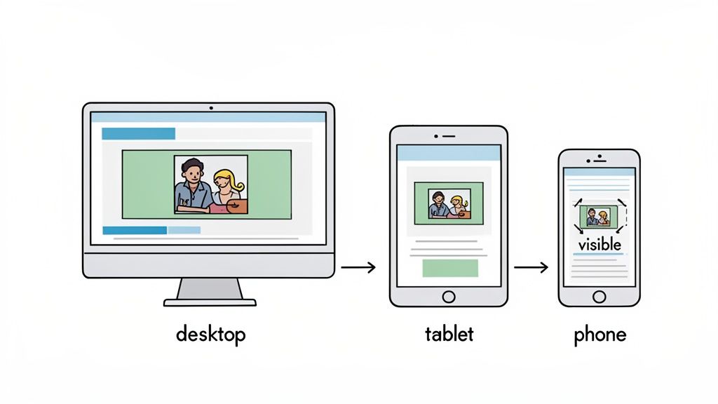 Illustration showing a webpage with an image adapting its size from desktop to tablet to phone for responsive design.