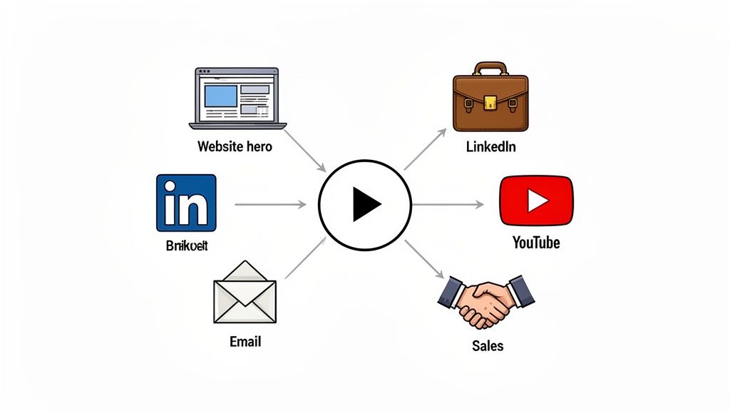Content flow diagram: website, LinkedIn, email feed into video, distributed to LinkedIn, YouTube, and sales.