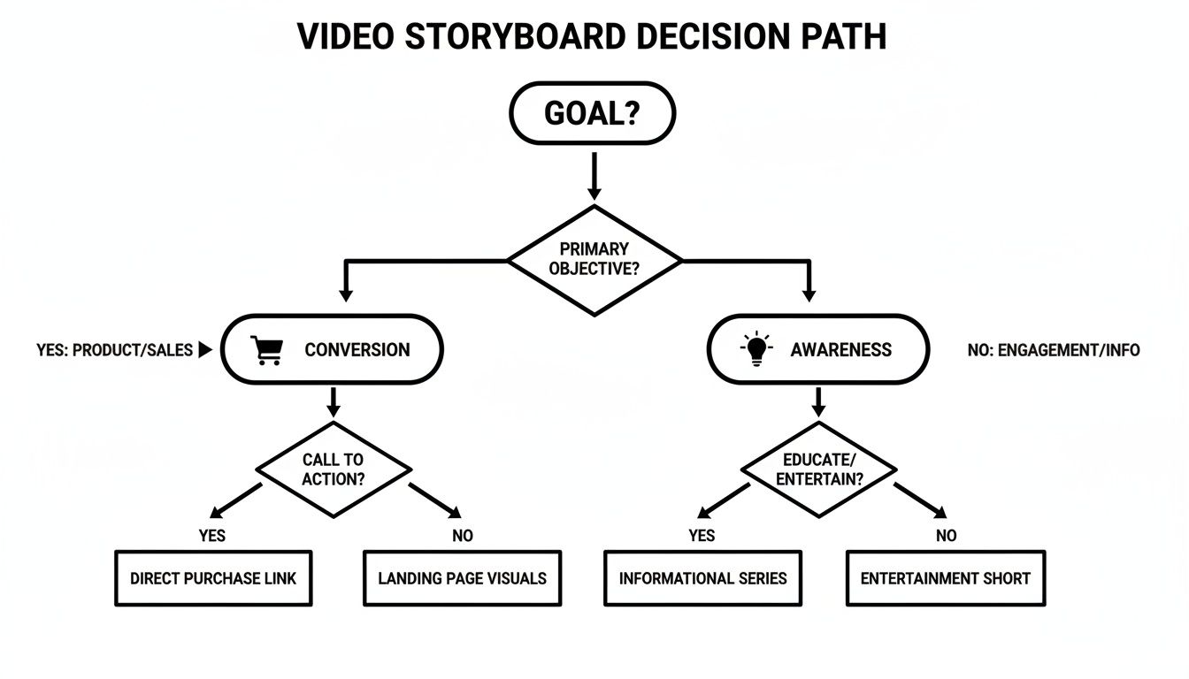 Flowchart showing a video storyboard decision path based on primary objectives like conversion or awareness.