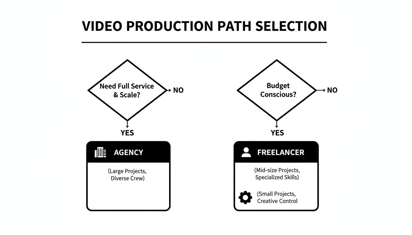 Flowchart guiding video production path selection between agency and freelancer based on service and budget.